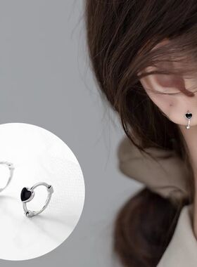 925银黑色爱心耳扣耳环女夏季养耳洞耳钉小巧精致圆形耳圈
