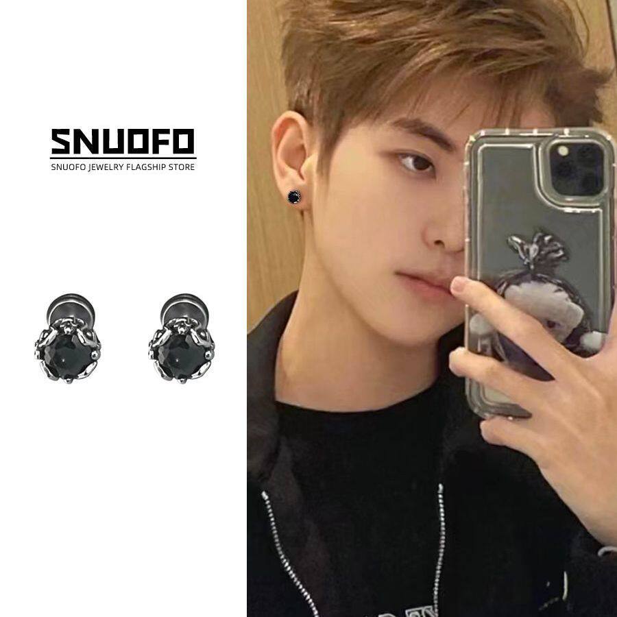 钛钢耳饰 美式冷淡耳钉男士小众简约锆石高级钻石设计黑色男生情