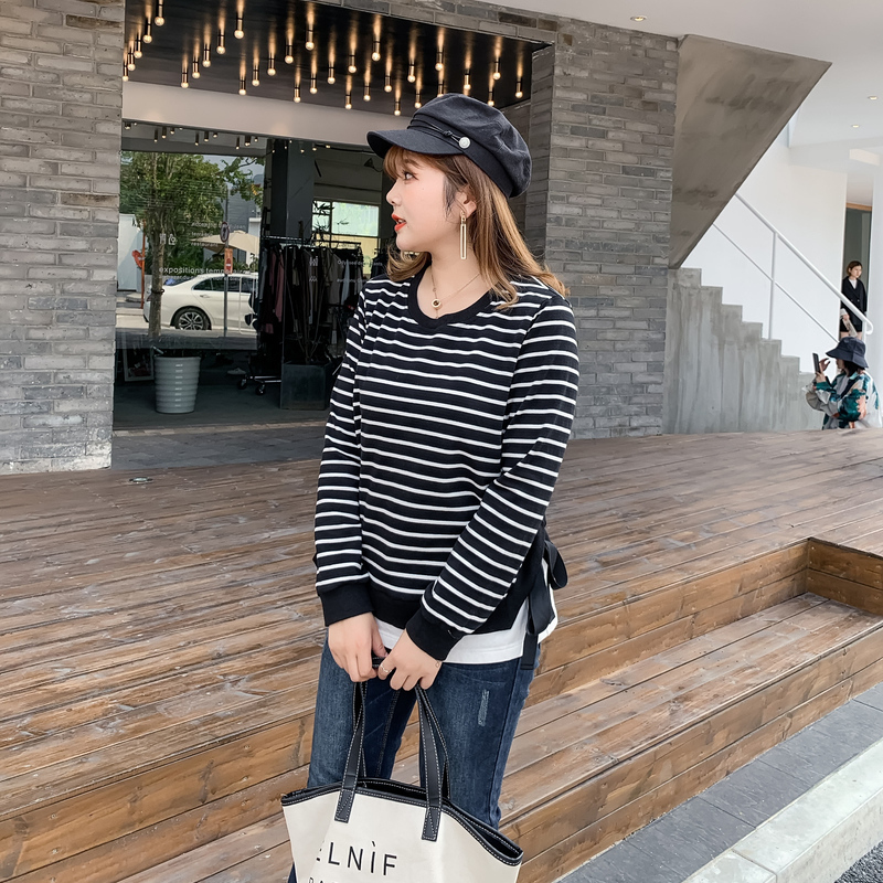 采多宝大码女装胖妹妹2019冬季新款条纹假两件套头洋气卫衣Z052812-01新券