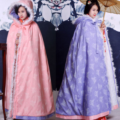 七七坊华汉服冬季加厚保暖毛边夹棉提花保暖斗篷披风外套女粉紫色