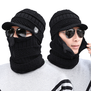 帽子男士秋冬季加绒加厚护耳毛线帽保暖针织护颈连体帽骑车防风帽
