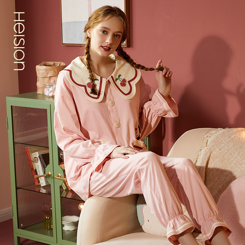 海之宁女士睡衣春秋新款少女纯棉睡衣长袖套装休闲娃娃领居家服冬
