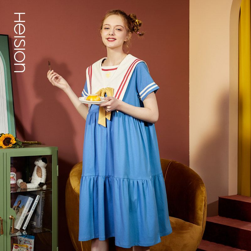 海之宁短袖睡裙少女夏可爱学生蝴蝶结甜美海军风翻领公主睡衣薄款