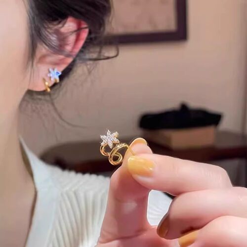 镀金微镶锆石六芒星耳钉女复古轻奢优雅简约时尚高级感耳环耳饰潮