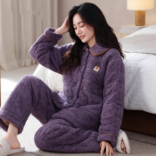 睡衣女冬季珊瑚绒加厚加绒三层夹棉秋冬款超厚法兰绒可外穿家居服