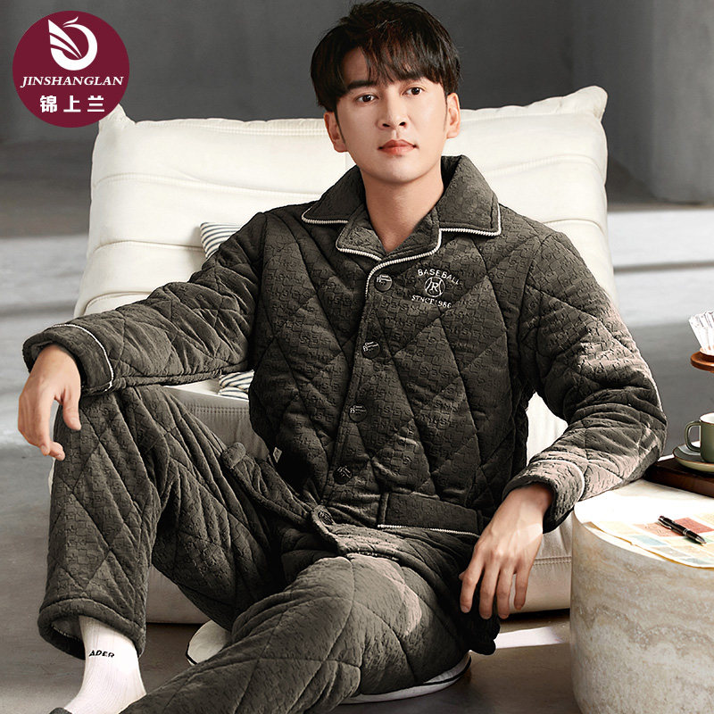 睡衣男冬季珊瑚绒三层加厚加绒夹棉2025新款两件套中年爸爸家居服