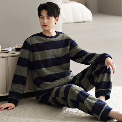 睡衣男士冬季半边绒加厚加绒保暖大码时尚条纹秋冬款珊瑚绒家居服