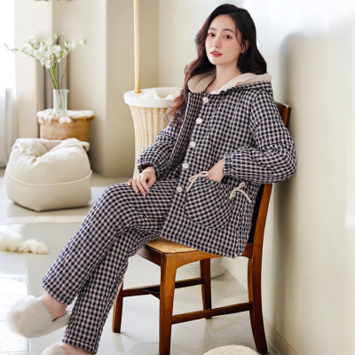 冬季梭织纯棉三层夹棉袄睡衣女加绒加厚保暖连帽珊瑚绒家居服套装