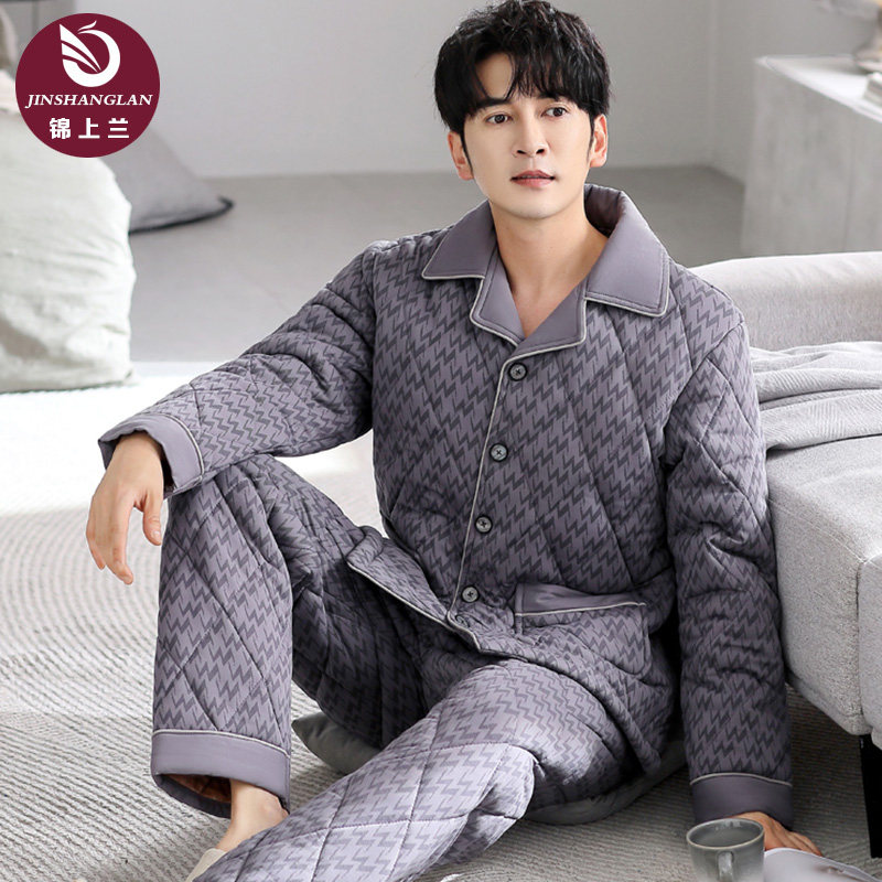 睡衣男士冬季加厚纯棉加棉秋冬款超厚三层保暖夹棉冬款男款家居服