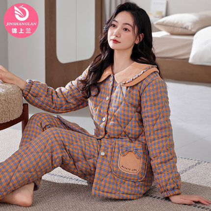 睡衣女冬季三层夹棉加厚加绒梭织纯棉2024新款秋冬款珊瑚绒家居服
