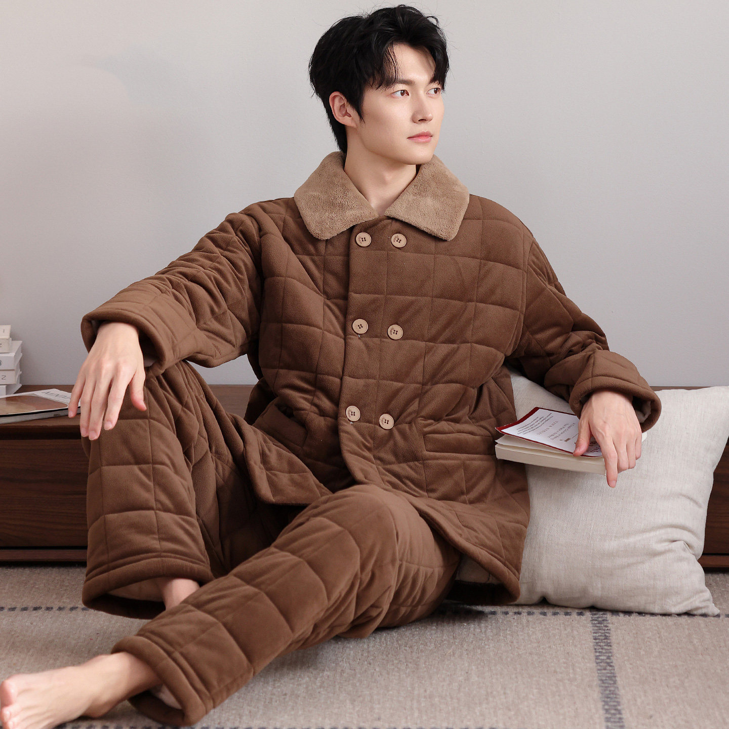 睡衣男款冬季三层夹棉珊瑚绒加厚加绒秋冬高级感法兰绒棉袄家居服
