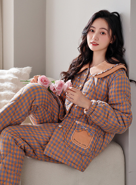 睡衣女冬季三层夹棉加厚加绒梭织纯棉2025新款秋冬款珊瑚绒家居服