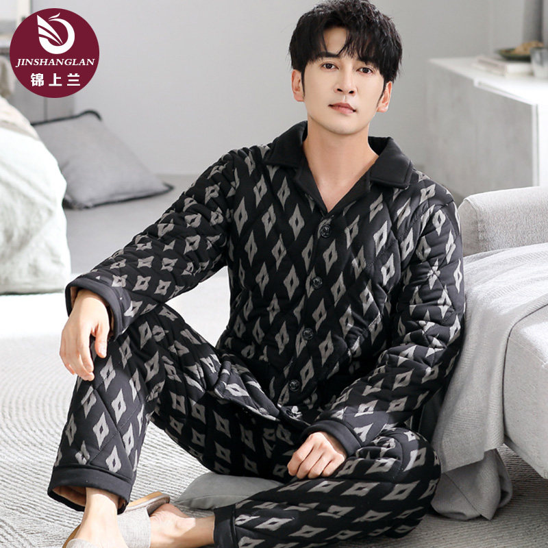 睡衣男士冬季加厚保暖纯棉夹棉秋冬款全棉男款三层加棉家居服套装