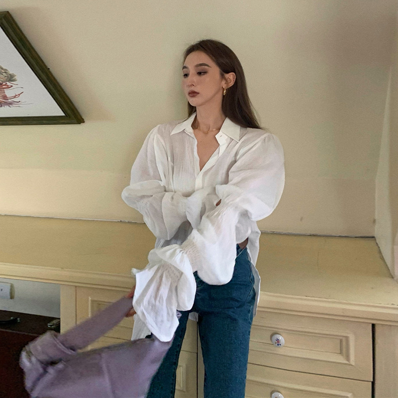 Sunscreen shirt thin design sense of minority Korean Style Lantern Sleeve loose summer medium long white Long Sleeve Blouse women