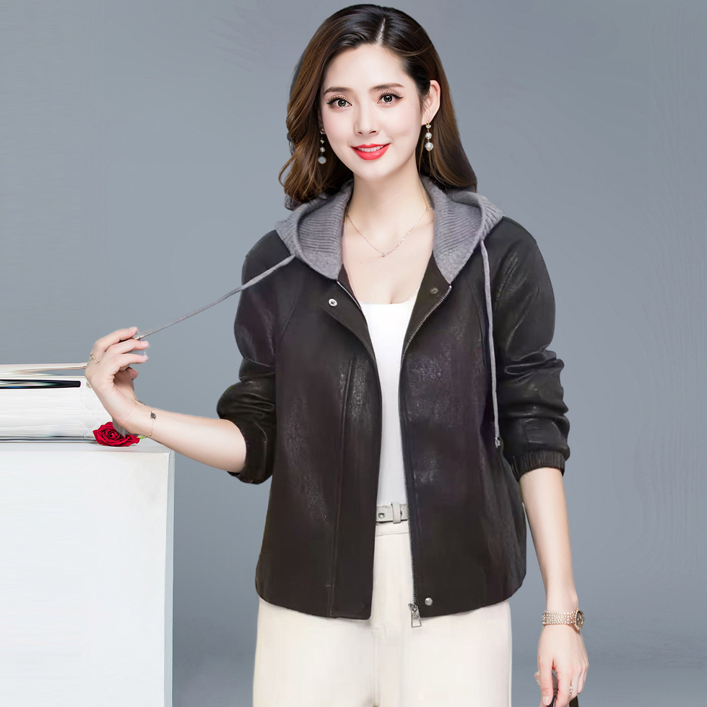 2026春季新款连帽pu皮衣女宽松短款水洗皮机车夹克休闲外套秋潮