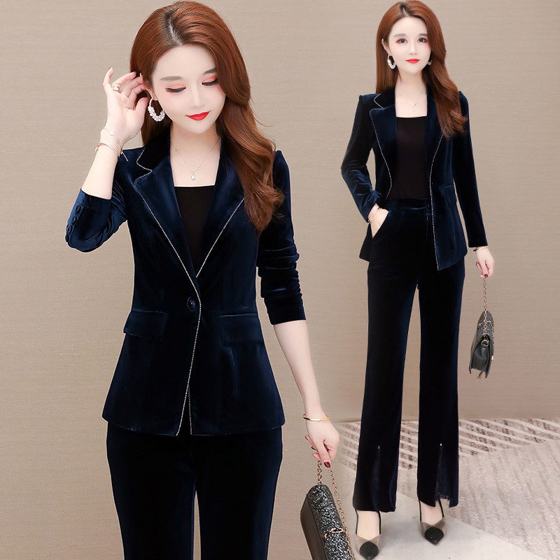 春秋装新款御姐风金丝绒小西服短外套休闲套装气质宽松减龄两件套