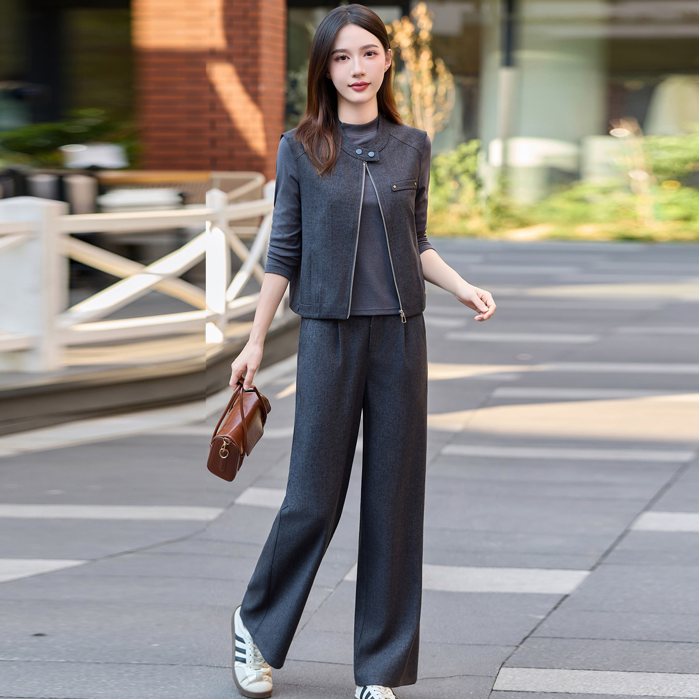 春秋新款修身显瘦直筒裤三件套女