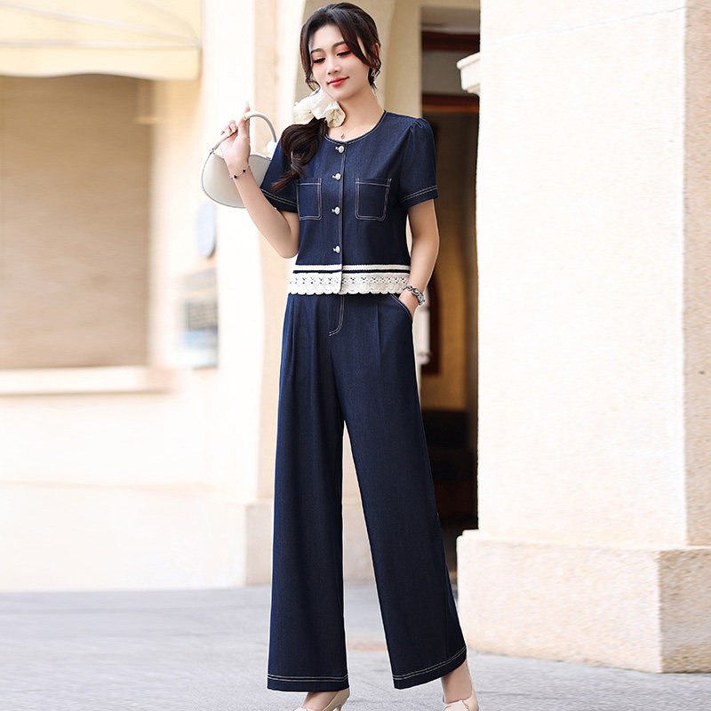 天丝牛仔套装女2025新款夏季减龄时尚高端贵夫人显瘦阔腿裤两件套