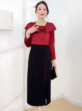 御姐风穿搭红色连衣裙春秋新款方领气质减龄女神范遮肚显瘦裙子