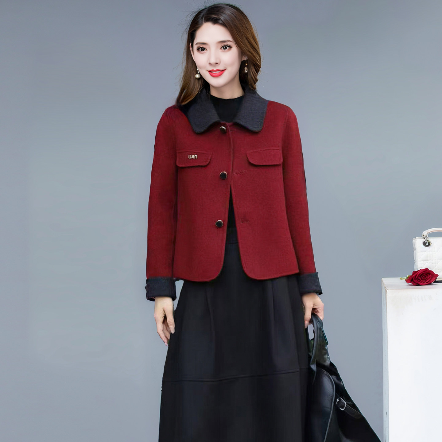 红色短款毛呢外套女撞色翻领气质小个子双面呢子大衣秋冬新款潮