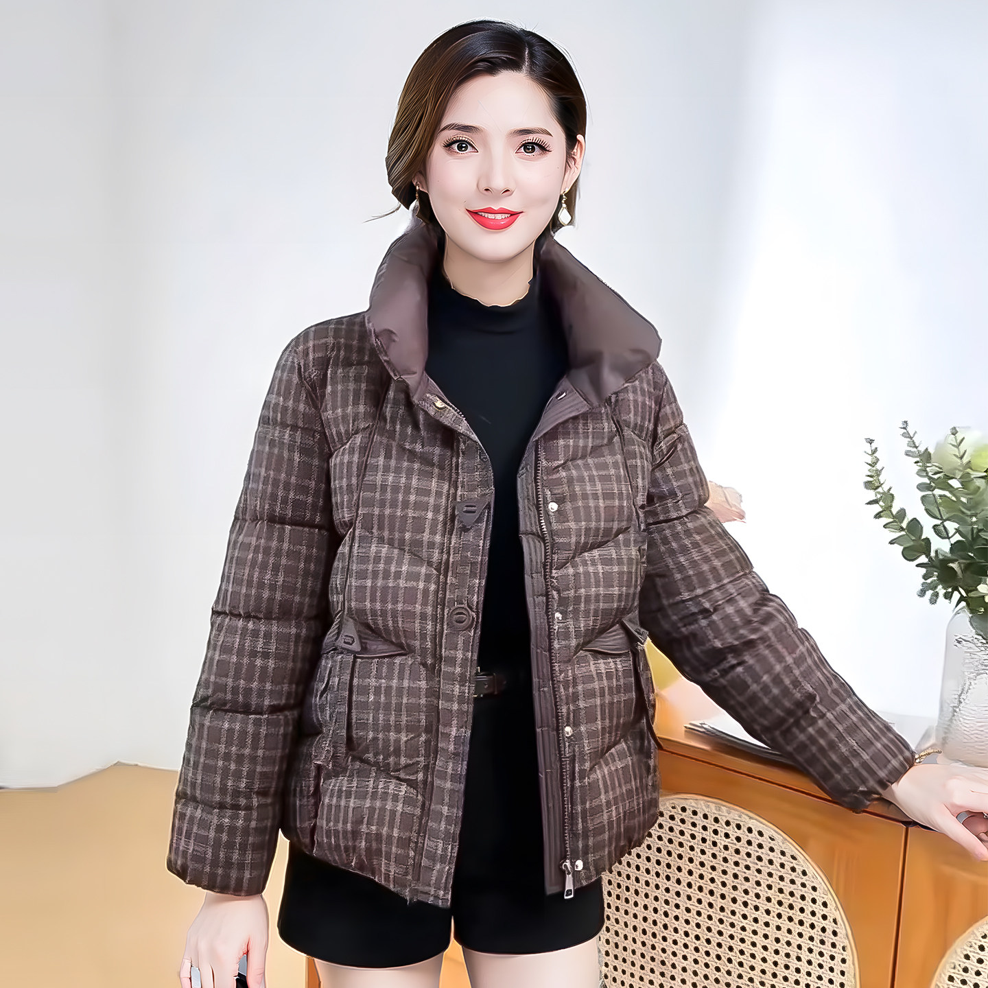 时尚格子棉服女2025年冬季新款