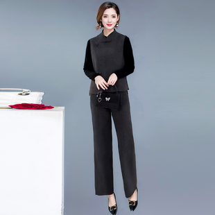 灰色国风减龄套装女2026春秋季新款修身收腰显瘦通勤三件套裤潮