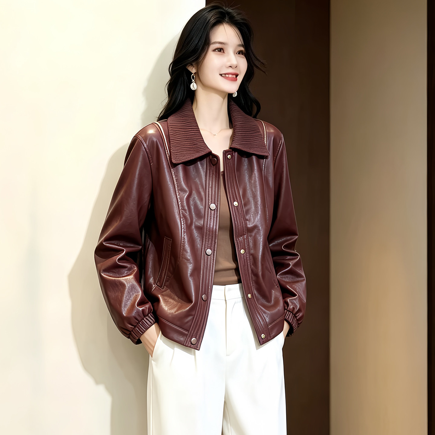 春秋酒红水洗皮女短款宽松皮衣