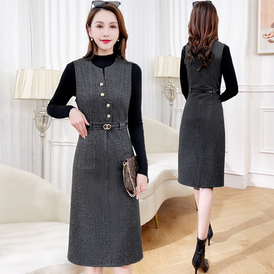 御姐风包臀裙灰色假两件优雅减龄