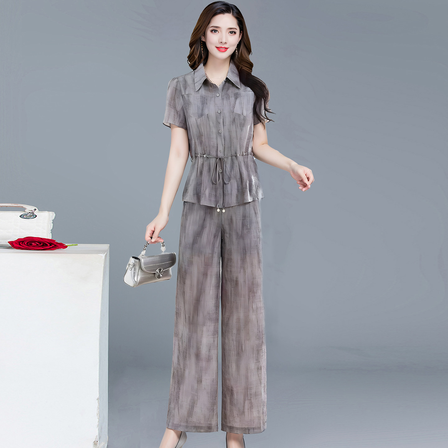 简约气质灰色夏季显瘦两件套女
