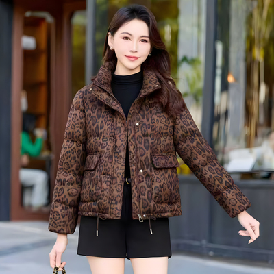 时尚豹纹花羽绒服女2025年冬季