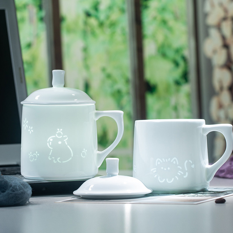 景德镇带盖玲珑陶瓷茶杯可爱动物水杯子家用个人办公可定制礼品杯