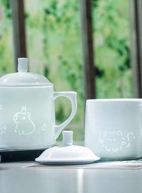 景德镇带盖玲珑陶瓷茶杯可爱动物水杯子家用个人办公可定制礼品杯