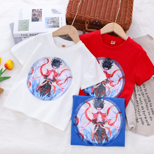 男童纯棉变色亮片短袖t恤 26夏季儿童装小男孩卡通半袖打底衫上衣