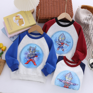 男童纯棉变色亮片奥特曼卫衣26春秋儿童小男孩插肩袖加绒宽松上衣