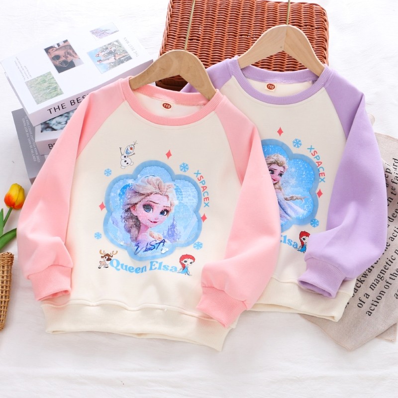 女童纯棉变色亮片艾莎卫衣春秋款儿童装宝宝小女孩插肩撞色袖上衣