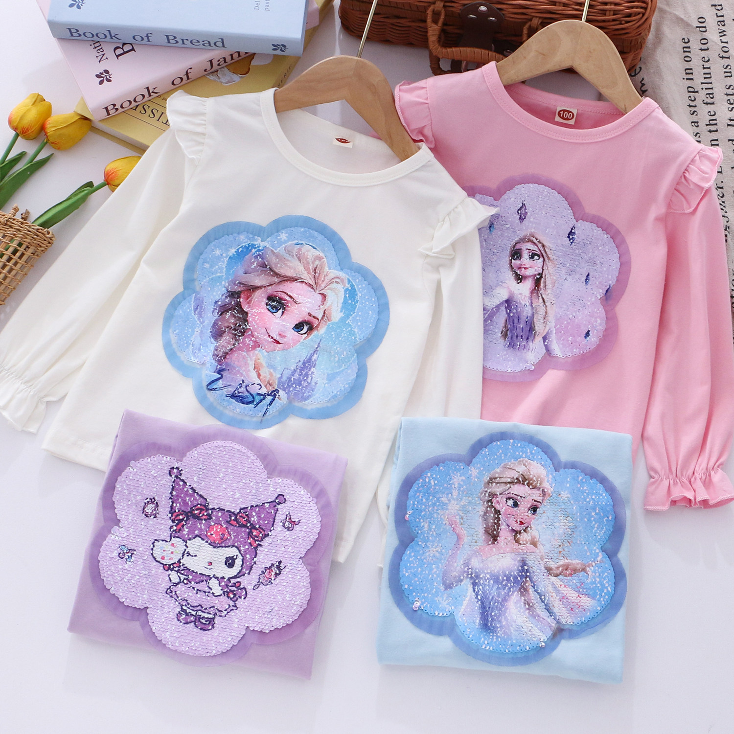 女童纯棉变色亮片可爱长袖t恤 26春秋款童装小女孩宝宝泡泡袖上衣