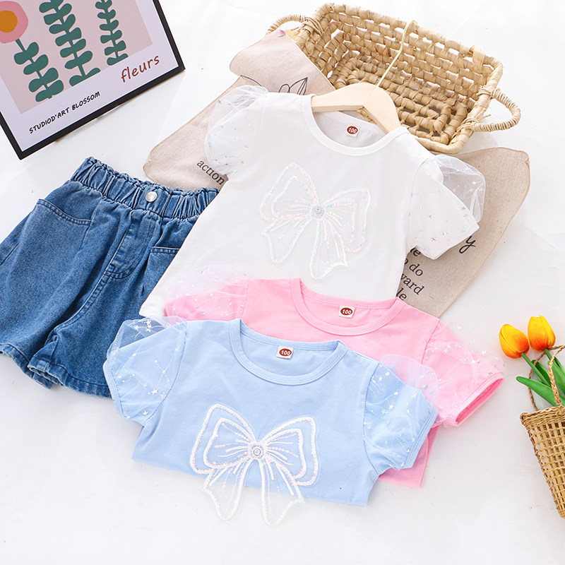 女童纯棉蝴蝶结泡泡袖短袖T恤 夏季新款薄儿童装宝宝女孩圆领上衣