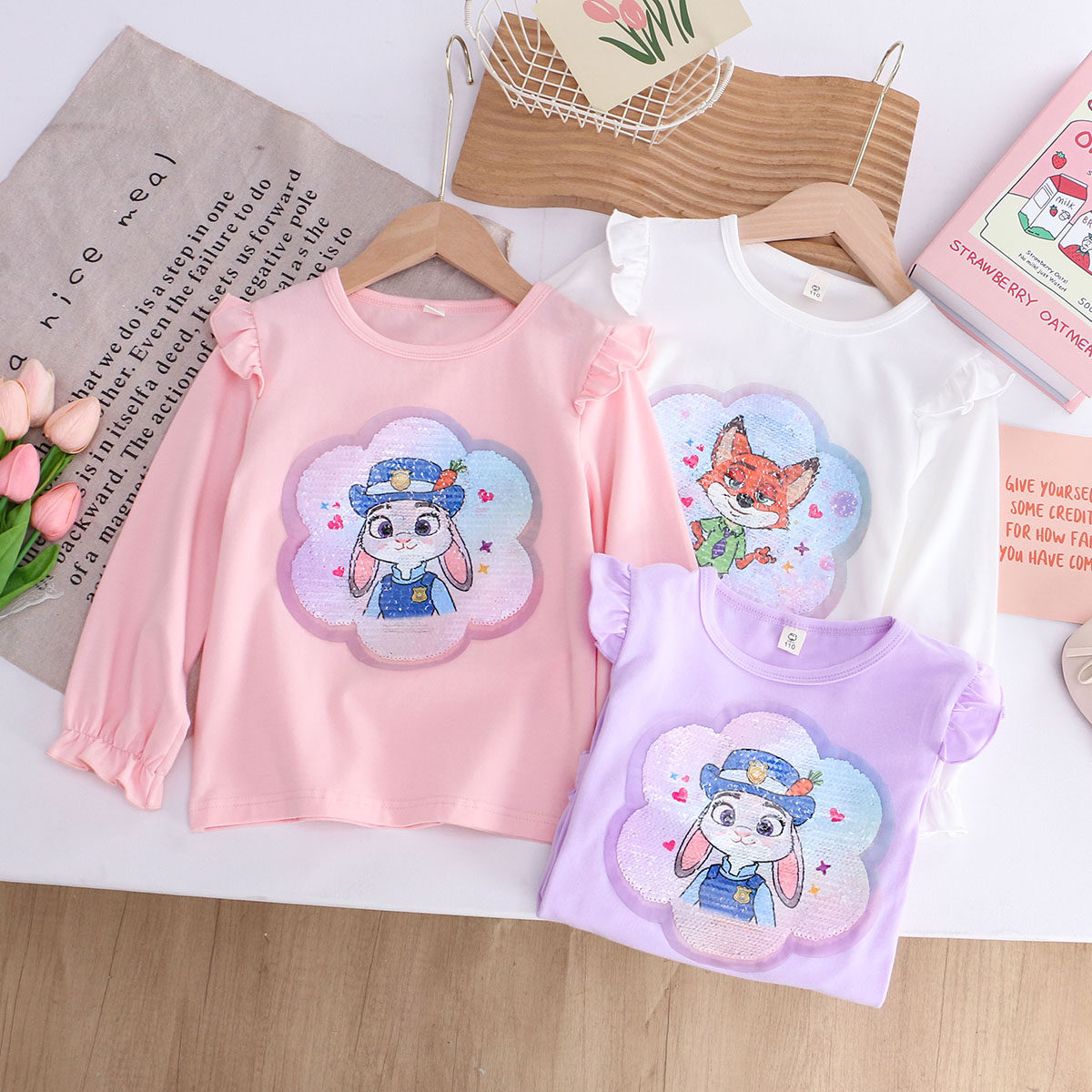 女童纯棉变色亮片动物城朱迪长袖t恤 26春秋儿童装小女孩宝宝上衣