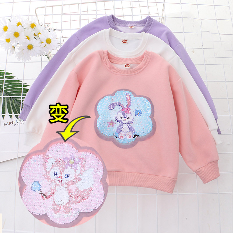女童纯棉变色亮片图案卫衣26春秋新款儿童宝宝小女孩卡通洋气衣服
