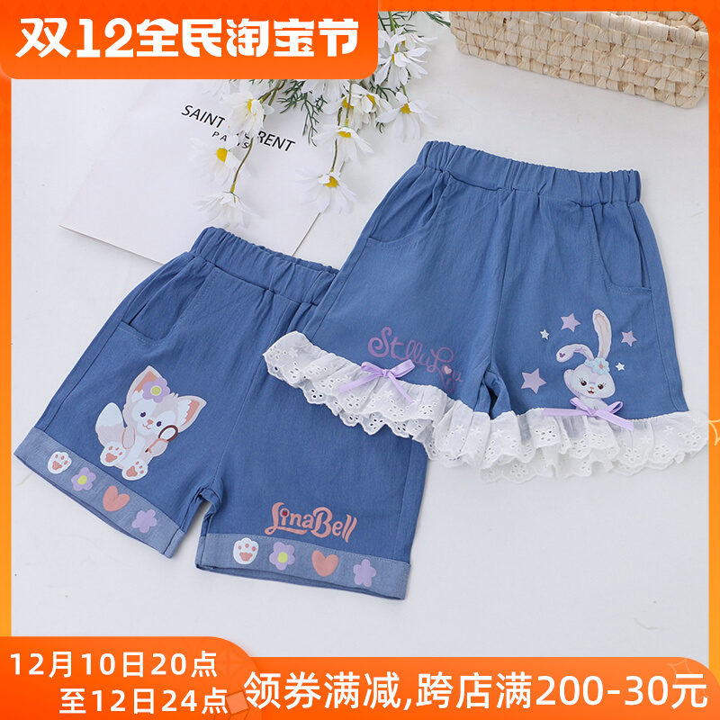 女童纯棉冰丝百搭仿牛仔短裤夏季新款薄儿童装宝宝卡通沙滩裤套装
