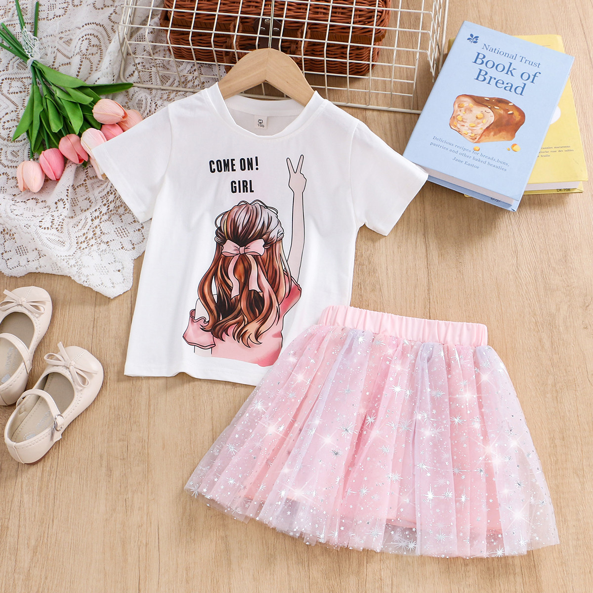 女童甜美印花短袖T恤 夏季儿童装小女孩公主裙网纱蓬蓬裙两件套装