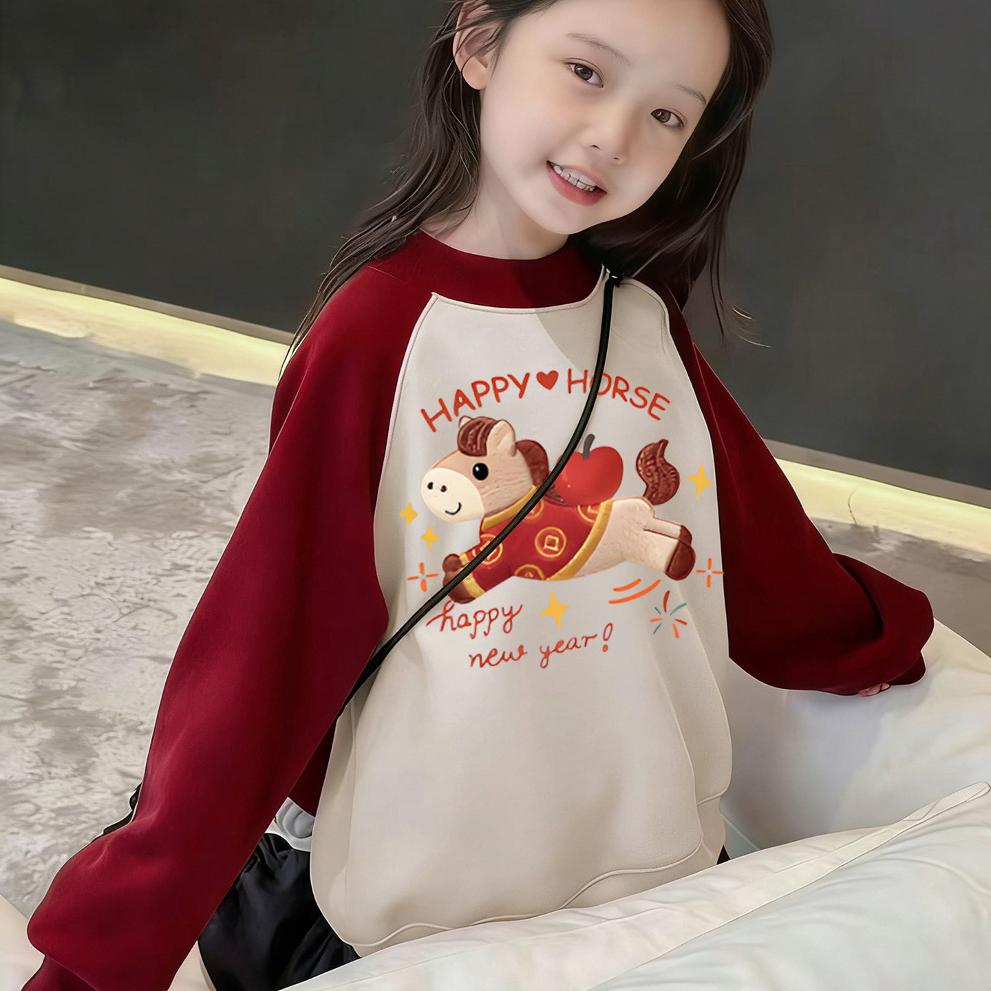 女童男童纯棉春节新年马年卫衣春秋冬儿童宝宝红色加绒过年服上衣