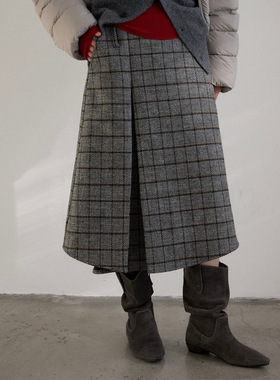 UNITY MODE 格纹羊毛半身裙女冬季复古褶裥A字型显瘦中长裙251507