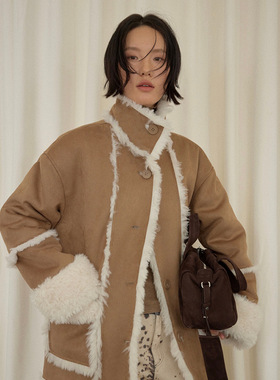 UNITY MODE 咖色翻毛领皮毛一体外套女冬季小众设计感开衫251358