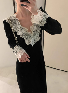 【诠释】NEWOPEN25冬法式名媛赫本风气质蕾丝v领丝绒连衣裙W7527