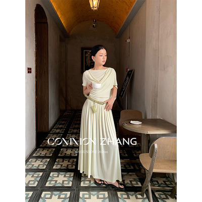 Gary的宝藏CZ ZHANG夏天丝莫代尔亲肤飘带短袖连衣裙女赫本A字