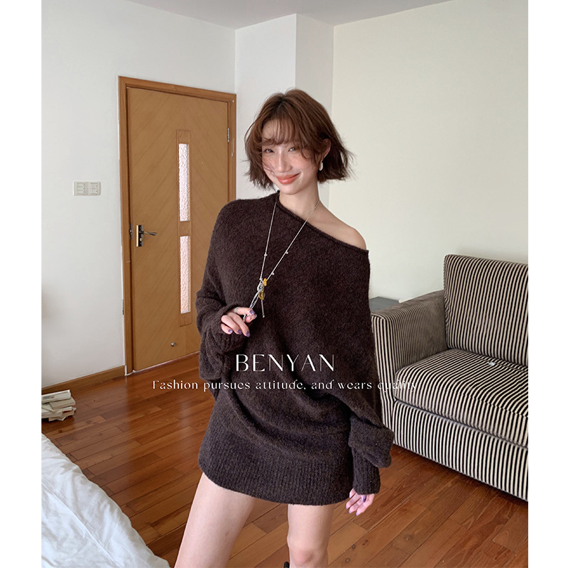 BENYAN本言 秋法式慵懒风不规则设计宽松丝光羊毛针织毛衣女3593