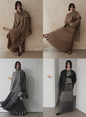 UNITY MODE 复古针织条纹加厚百褶半身裙女秋冬大裙摆拖地长裙子