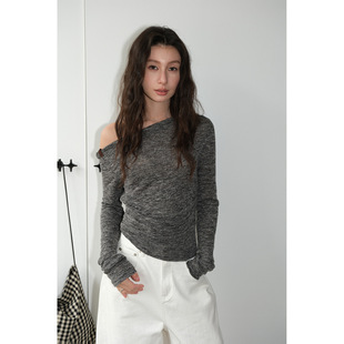 新款 T恤女春季 宝藏NEIHE内赫2026年竹节花纱压褶斜肩长袖 Gary