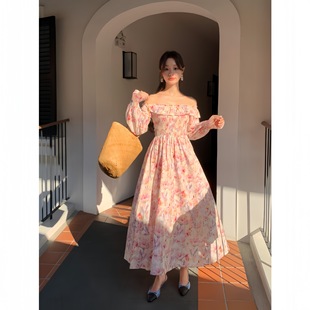 诠释美 NEWOPEN 2025早春法式甜美气质减龄一字肩碎花连衣裙C3198